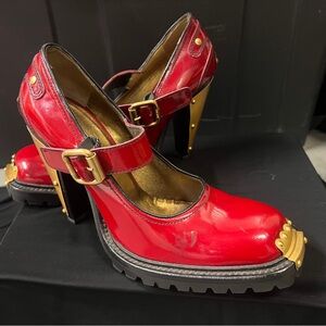 Miu Miu Patent Red and Gold Mary Jane Moto Heels Size 38